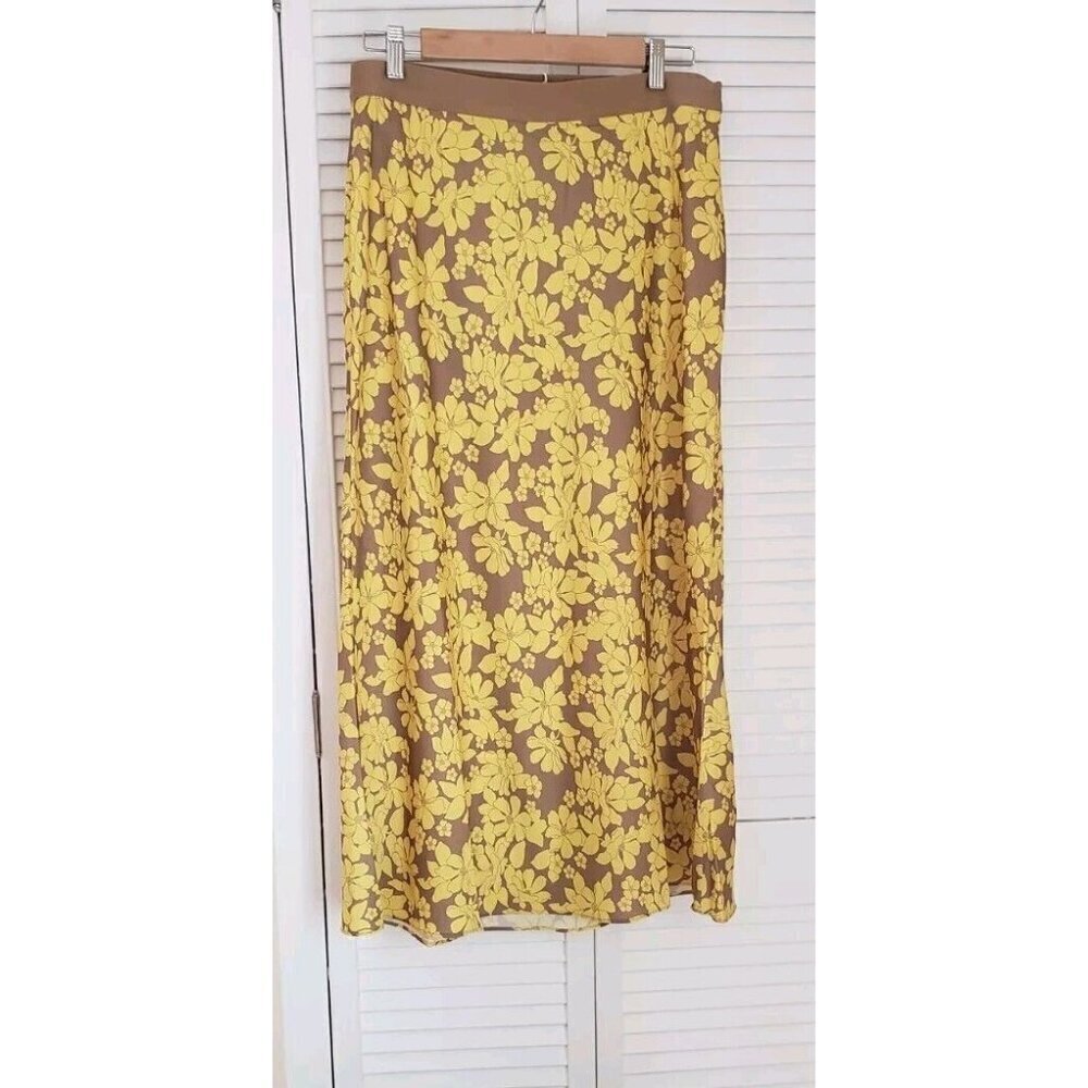 NWT OUTERKNOWN GRAY YELLOW FLOWER SILK SKIRT MEDIUM - Picture 1 of 7
